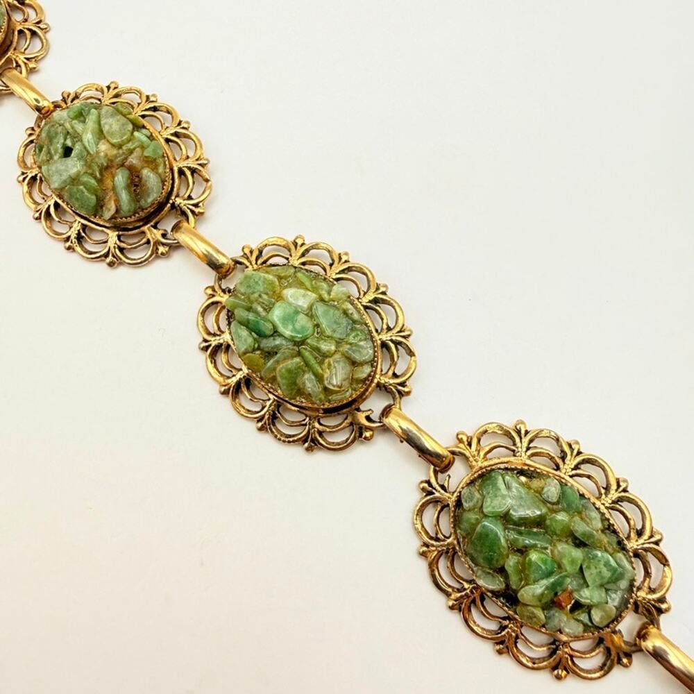 Vtg Oval Jade Chip Cluster Confetti Panel Link Bracelet Gold Tone Filigree 7" - Picture 4 of 10
